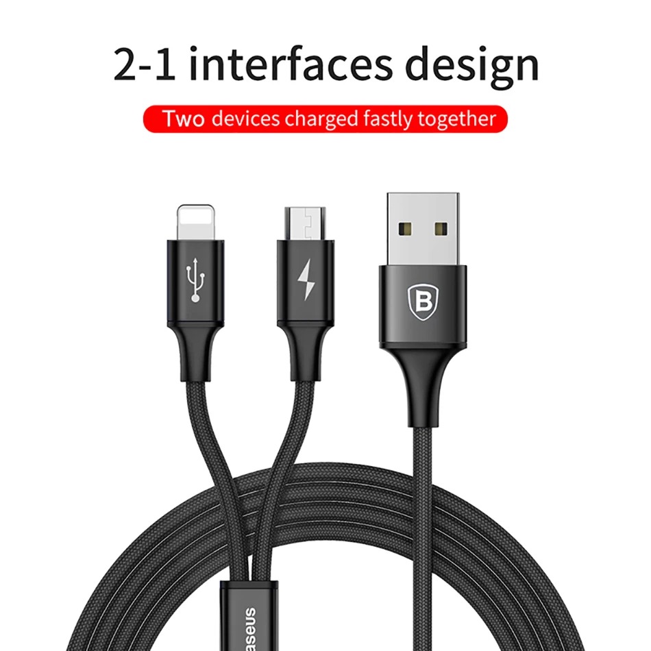 Baseus 2 в 1 USB кабель для iPhone Xs Max Xr X 8 7 6 6S Plus Быстрая зарядка Micro USB кабель для samsung Xiaomi кабель для мобильного телефона