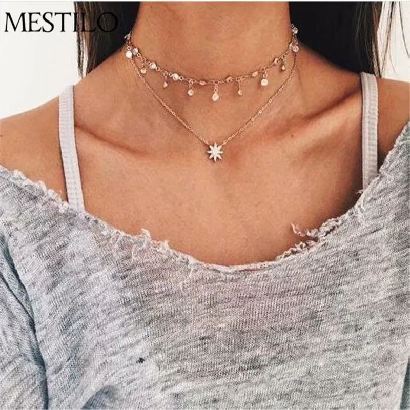 MESTILO Bohemia Gold Chain Beads Crystal Tassel Choker Pendant Necklaces For Women Boho Vintage Sun Flower Multilayer | Украшения и