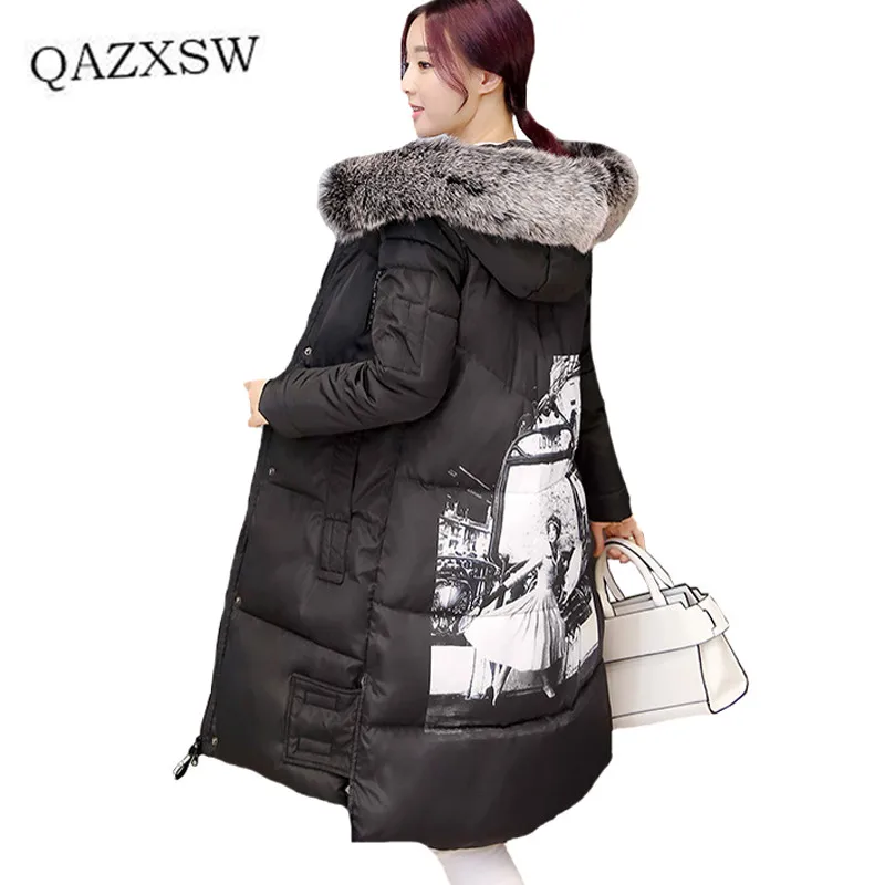 

2016 Winter New Fashion Cotton Padded Jacket Women Slim Thick Warm Character Print Female Coat Parka Winter Long Jackets QYX016