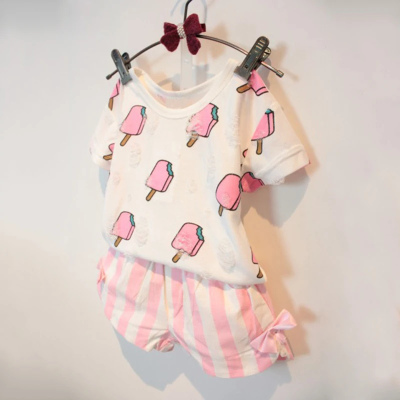 الاطفال الفتيات الملابس مجموعة الصيف الاطفال فتاة الملابس لطيف الجليد كريم حفرة تي شيرت + مخطط القوس قصيرة دعوى 2 قطع الملابس