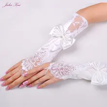 Julia Kui цвета слоновой кости кружева свадебные женские перчатки вышито бисером с блестками без пальцев высококачественные перчатки невесты с бантом