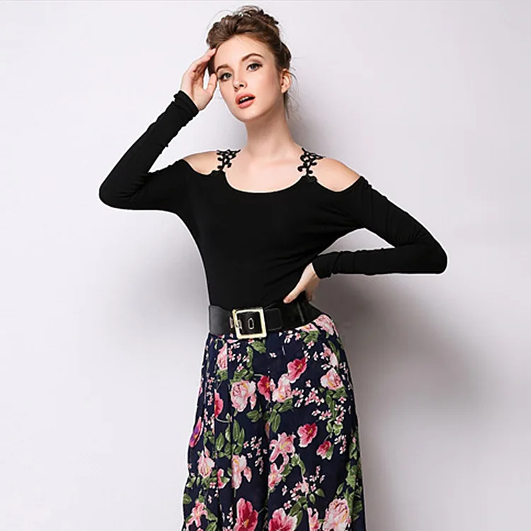 Fall of 15 new European fashion plus size Black Lace stitching font b top b font