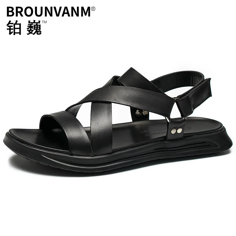 Classical Mens Ankle Strap Leather Sandals Retro Nallow Band Rome Shoes Cool Boy Summer Cross-tied Sllides Beach Shoes