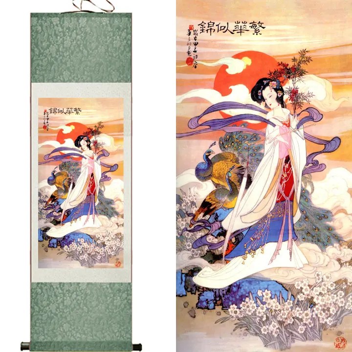 

#S082 Flowers Like Brocade Silk Painting Chinese Painting Figure Scrolls Painting Ladies