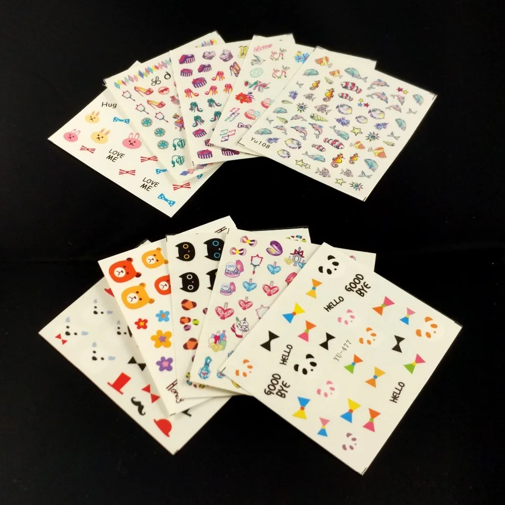 

10 PCS / LOT Nail Art Water Transfers Stickers Nail Decals Slider CARTOON FISH MARINE HEARTS SWAN BOW TIE BEARS YUQC41-50