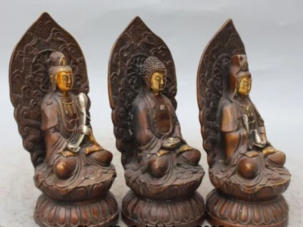 

JP S0188 8" China Bronze Gilt Silver Kwan-yin Shakyamuni Buddha Western 3 Gods Statue Set