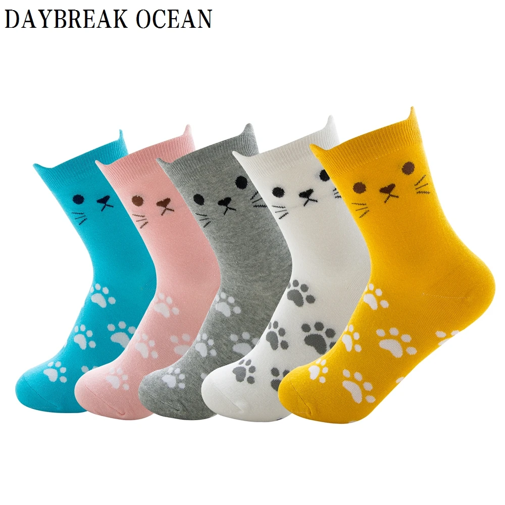 5 pairs Cartoon Cat Funny Cute Women Socks Cotton Soft Comfortable ...