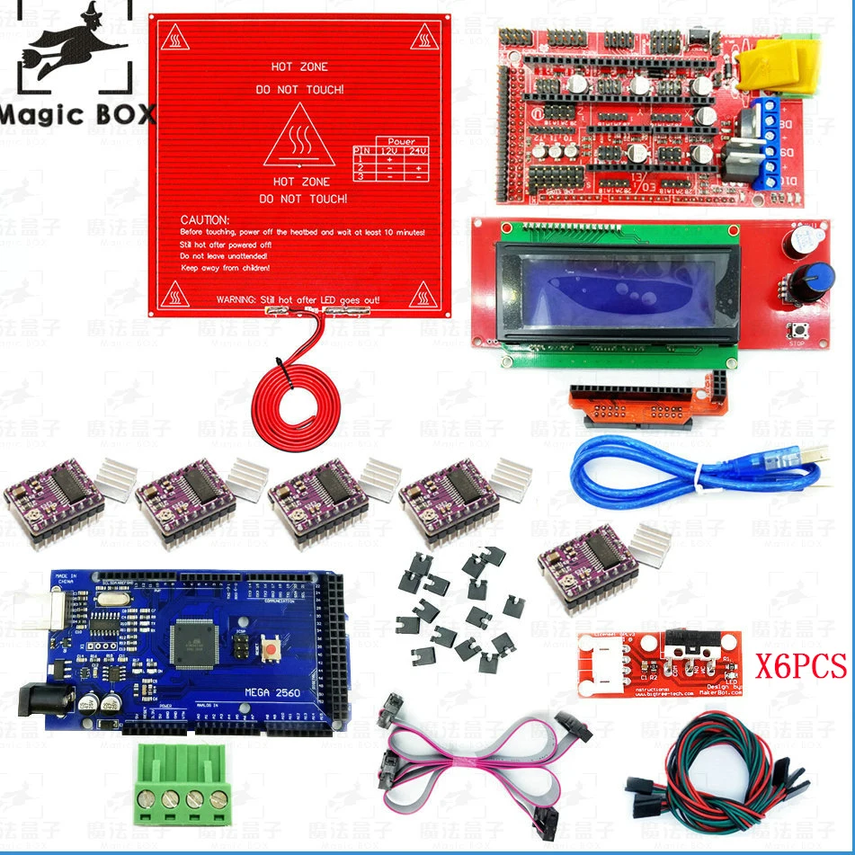 

3D Printer kit 1set=1pcs Mega 2560 R3 + 1pcs RAMPS 1.4 Controller + 5pcs DRV8825 Stepper Driver Module +1pcs LCD 2004 +1pcs MK2b