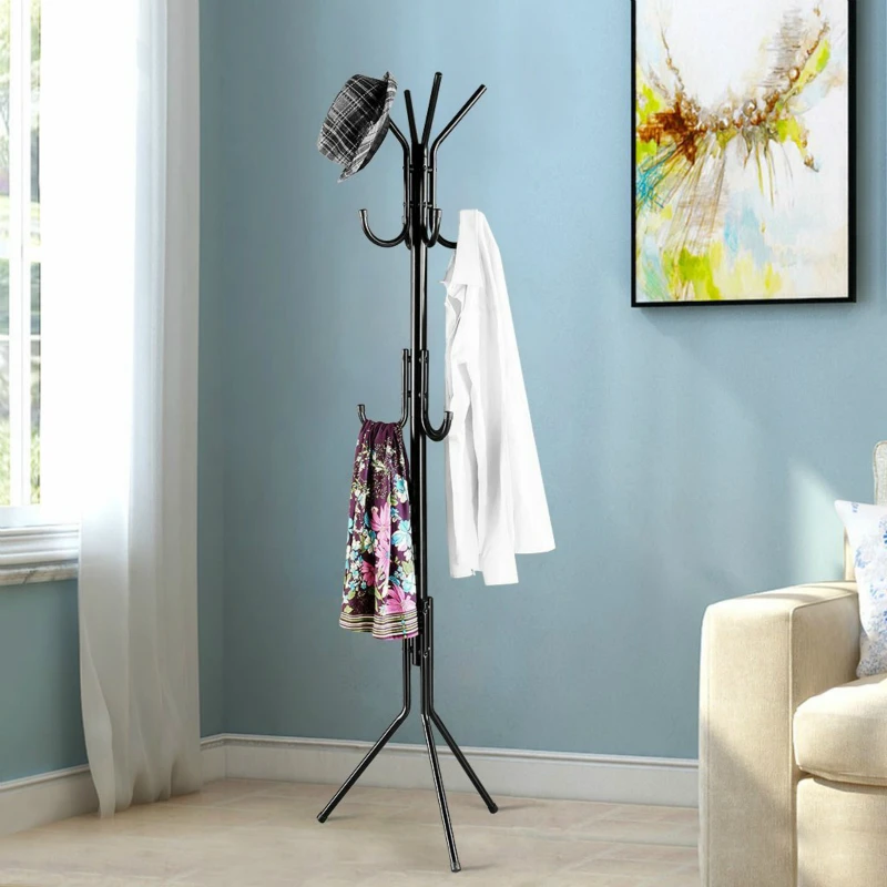 Standing Entryway Coat Rack Coat Tree Hat Hanger Holder 11 Hooks for Jacket Umbrella Tree Stand with Base Metal (Black)