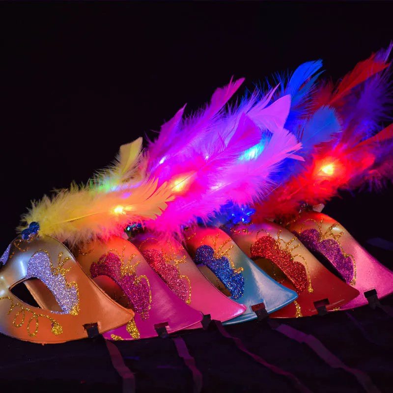 

Princess Masquerade Plumed Mask Luminous Feather LED Lighted Venice Party Half Face Masks Props Hogard