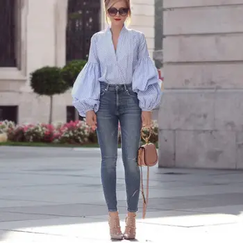 

Women Lady Blouse V Neck Long Sleeve Shirt Puff Sleeve Button Tee Ladies Casual Slim Tops Autumn Ladies Clothing