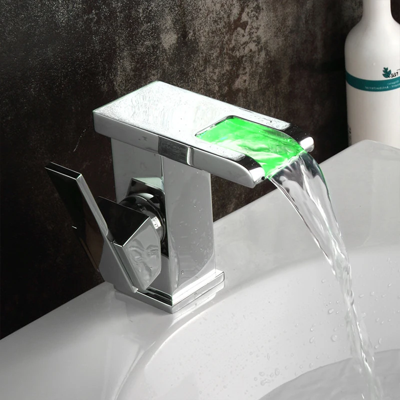

Modern Waterfall LED Basin Faucet Bathroom Square Chrome Finish Deck Mounted Sink Faucets Single Handle Mixer Water Tap LT-519