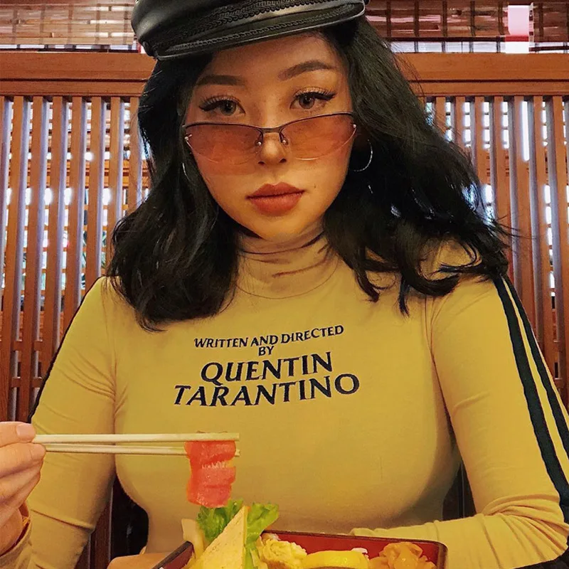 

2019 Omighty Style Women Crop Tops Cropped T Shirt Letter Print Mock Neck Long Sleeve Turtleneck Top Tshirt Harajuku T-shirts
