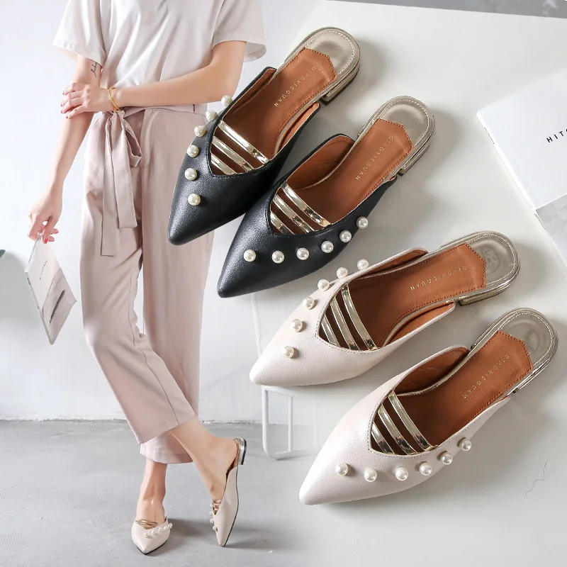 

2019 new spring korean style closed toe mules woman fashion all-match roman sandals narrow band pearl beach sandals women
