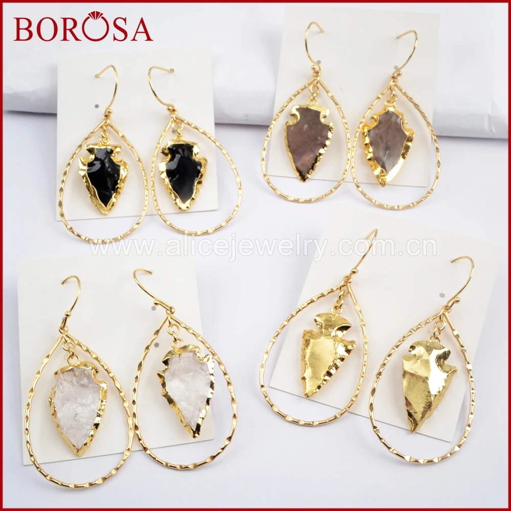 

BOROSA Druzy Jewelry Teardrop Shape Metal Hoop With Tiny Gold Trim Arrowhead Jewelry Earring For Women Dangle Earring G1580