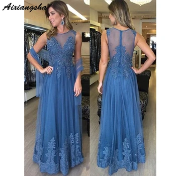 

Blue Evening Dresses 2019 Roud Neck A-Line Tulle Lace Illusion Back Islamic Dubai Saudi Arabic Long Evening Gown Prom Dress