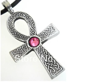 

30pcs a lot antique silver plated religious ankh cross with red crystal pendant necklace jewelry