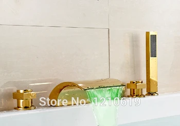 

Newly US Free Shipping With LED Light Bathroom Tub Faucet Widespread Golden Polish Shower Tap W/ Handheld Shower Deck Mount