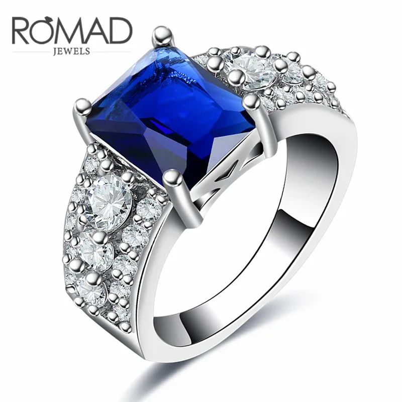 

ROXI ROMAD Brand White Gold Color Finger Ring For Women Big Rectangle Royal Blue Crystal Ring Luxury Wedding Fashion Jewelry