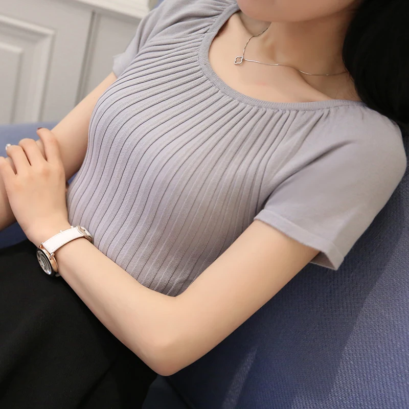 

Women Summer Knitted Sweaters and Pullovers O Neck Short Sleeve Shirts Solid Slim sweater shirts Sueter mujer
