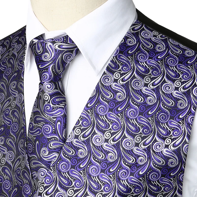  Mens Hipster 3pcs Jacquard Paisley Vest Set Necktie Handkerchief Waistcoat for Suit Wedding Prom Pa