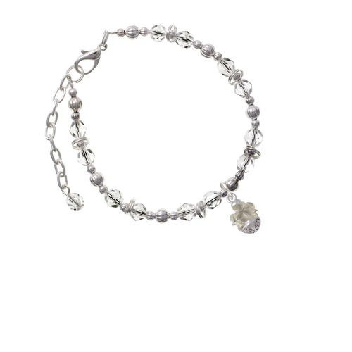Silvertone White Plumeria Flowers Spinner Clear Beaded Bracelet