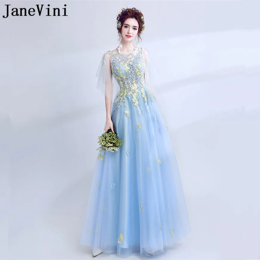 JaneVini 2018 Popular Blue Bridesmaid Bridemaids Dresses Long Lace Embroidery Beaded Party Women Robe De Chambre Femme | Свадьбы и