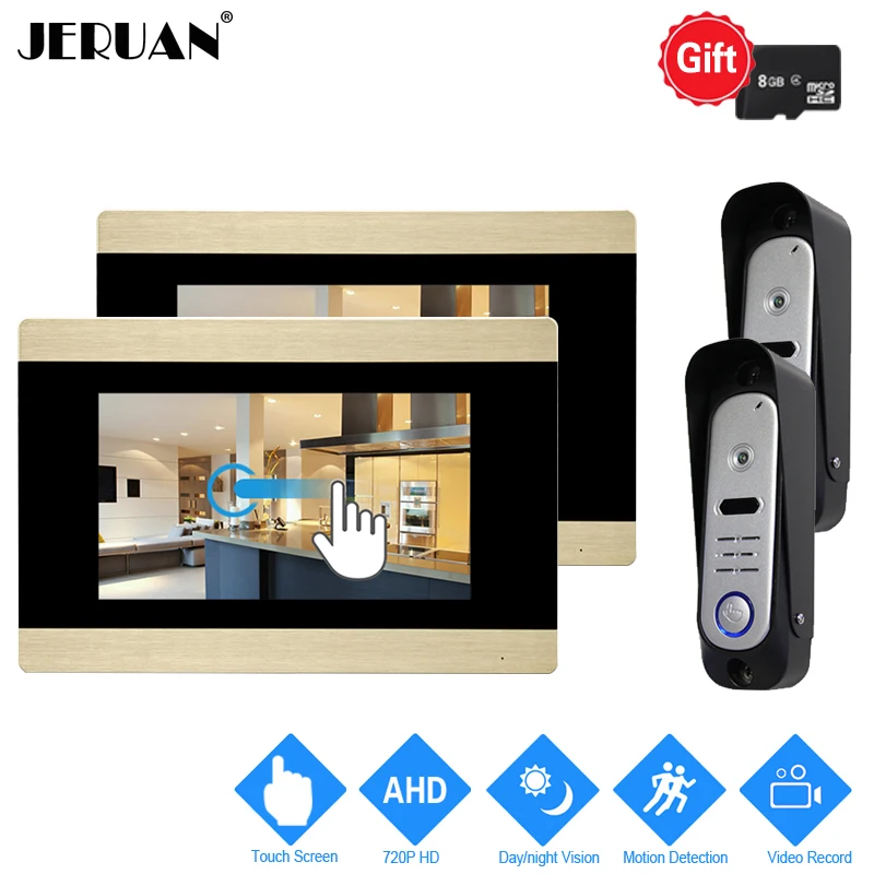 

JERUAN 7`` Touch Screen Video Door Phonel Intercom System 720P AHD Motion Detection 2 Record Monitor+ 2 HD Waterproof Camera 2V2