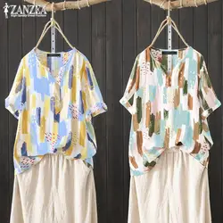 Повседневная футболка с принтом женская блузка 2019 ZANZEA винтажные топы с короткими рукавами женские шифоновые Блузы с v-образным вырезом