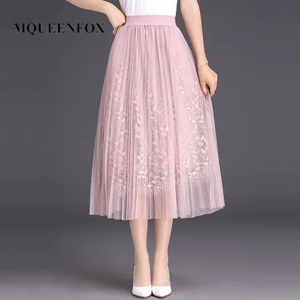 

Hot floral Embroidery Tulle Long Pleated Skirt 2019 New Women High Quality A-line Lace mesh Skirt summer skirt