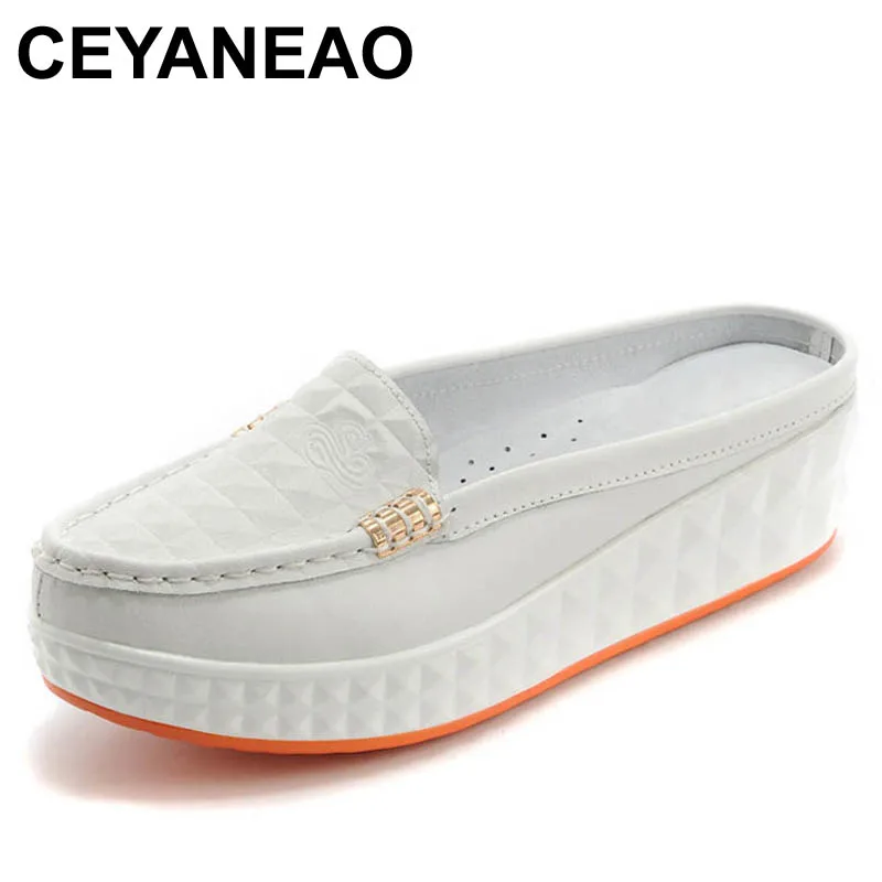 CEYANEAONew Women's Casual Close Toe Slip-on Platform Wedge Slippers Fashion Round Genuine Cow Leather Slides For WomenE2127 | Обувь