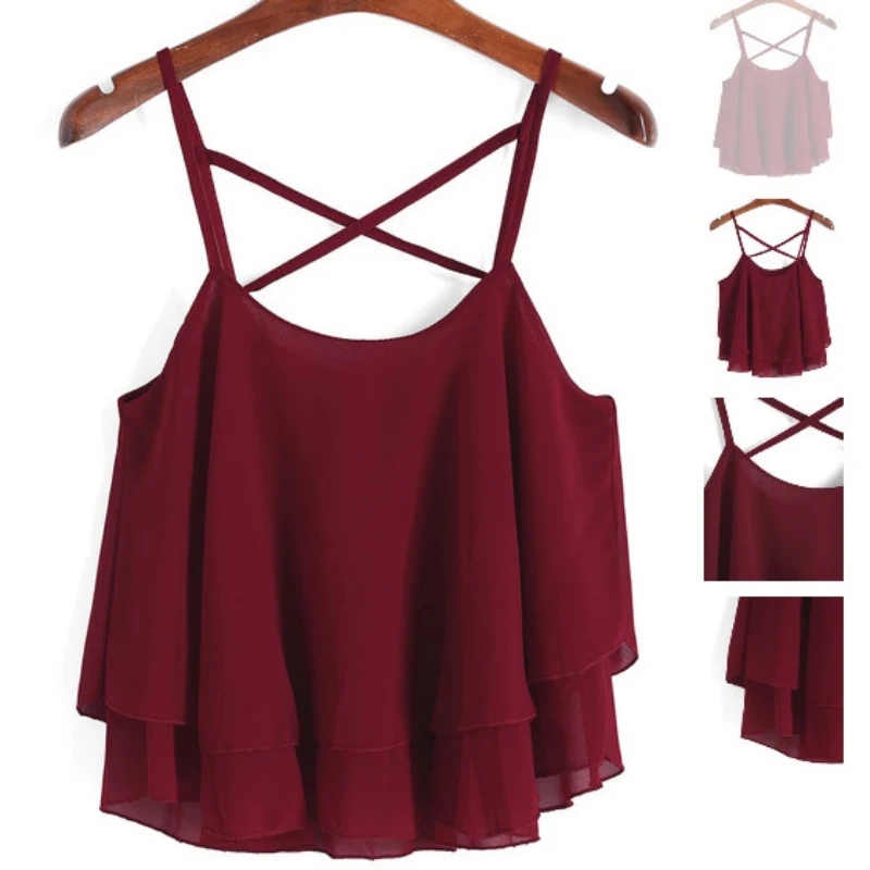

Women Crop Tops Sexy Summer Camis Beach Strap Ruffle Chiffon Tank Beauty Back Cross Vest