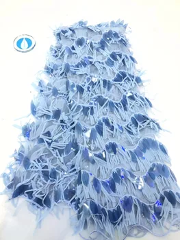 

2019 high quality sequence French Nigerian sequins net lace,African tulle mesh sequence lace fabric for dress 5yards/lot blue(1