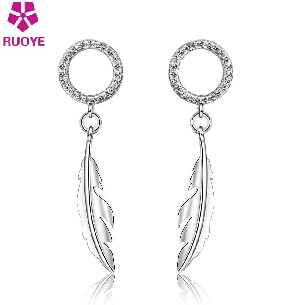 

New Fashion 925 Sterling Silver Drop Earring Feather Crystal Earrings For Women Female silver Jewelry 2019 bijoux