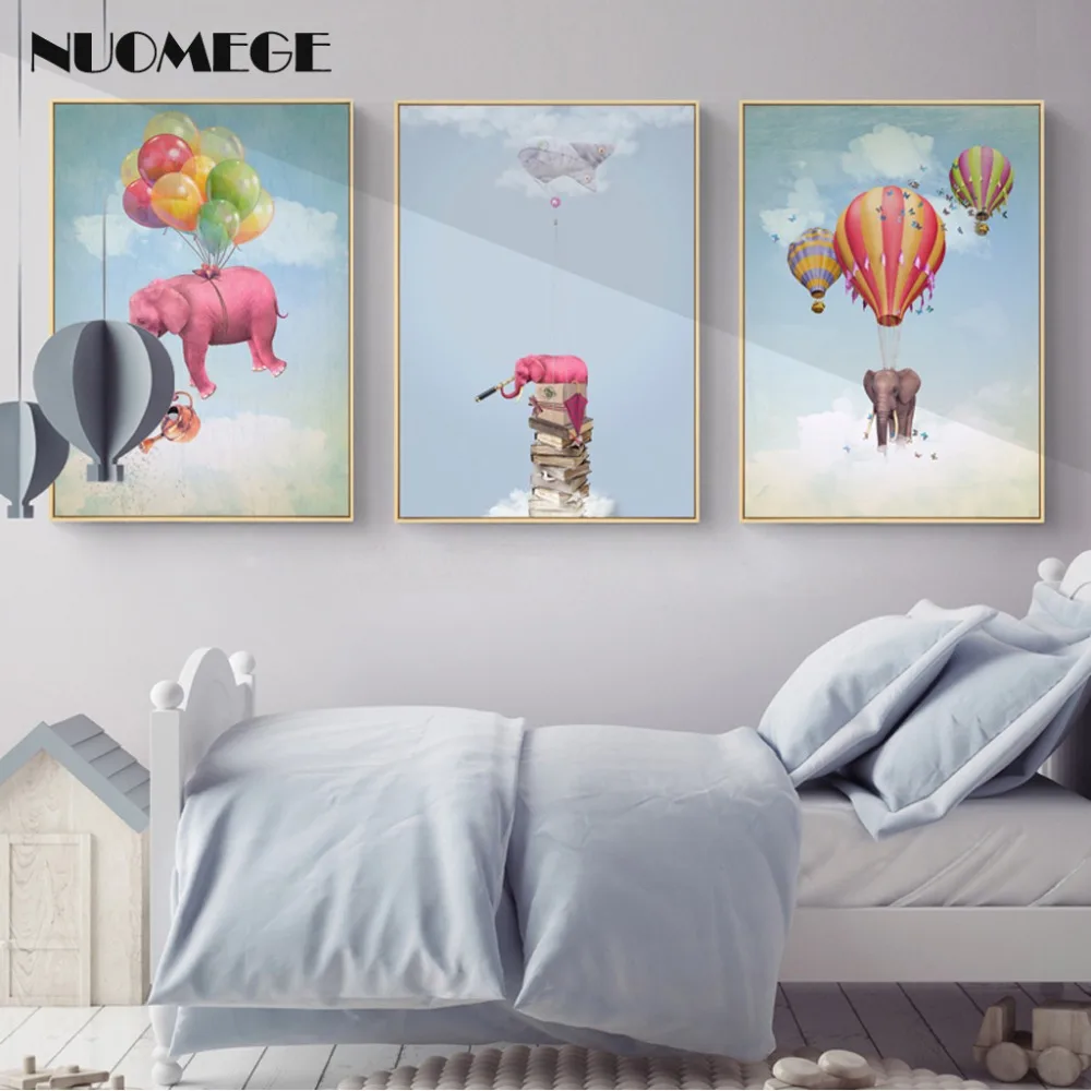 

NUOMEGE Cute Elephant Canvas Painting Posters and Prints Nordic Nursery Hot Air Balloon Wall Pictures Children Room Decoration