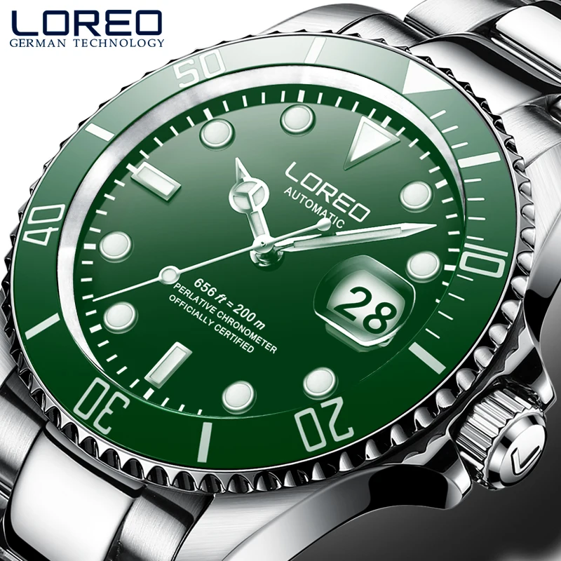 LOREO New 200M Waterproof Mens Sport Watch Luxury brand Automatic Mechanical Watch Sapphire Screw Crown Rotatable Bezel Luminous