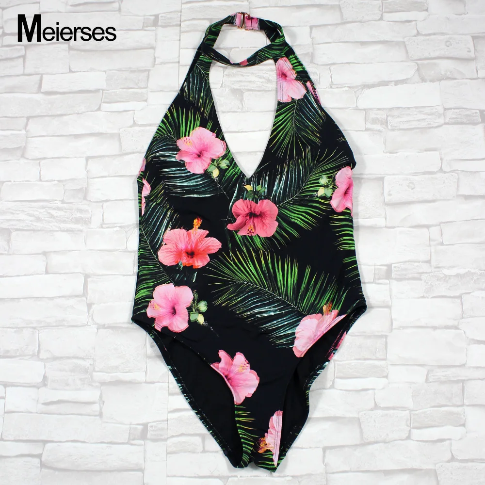 

MEIERSES Women's 3D Digital Floral Print Bathing Suit One Piece Swimwear Deep V Neck Swimsuit Halter Sexy Backless Beach Suit