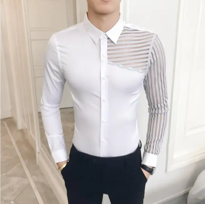 Camisa Masculina See Through Кружева полые мужские рубашки с длинным рукавом Весна 2019 Для мужчин s повседневные тонкие рубашки Fit Ночной клуб chemise homme