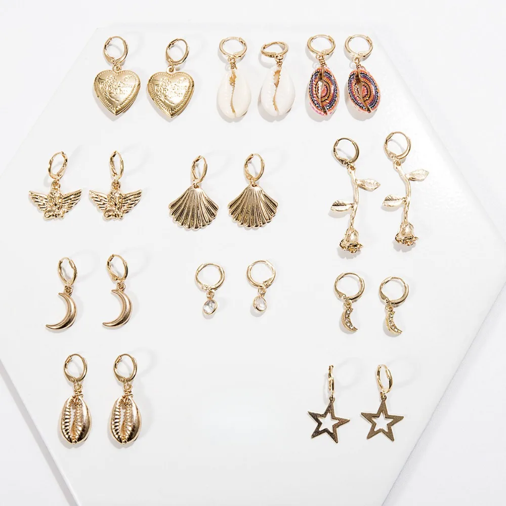 2019 New Cute Simple Seashell Rose Floral Moon Love Heart Cross Drop Dangle Earrings for Women Gold Silver Color Small Earrings