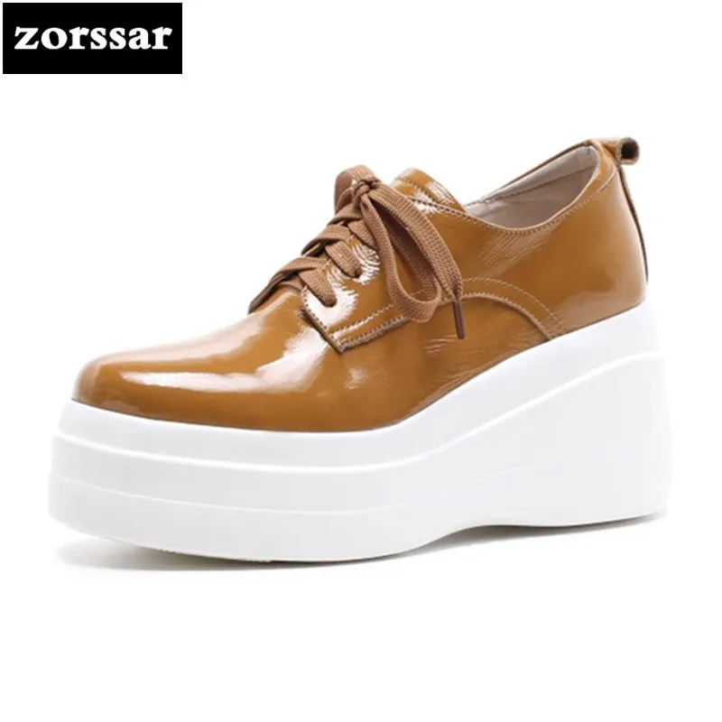 

{Zorssar} 2018 fashion Genuine Leather womens Creepers shoes Platform heels Lace-up Wedges High heels pumps ladies casual shoes