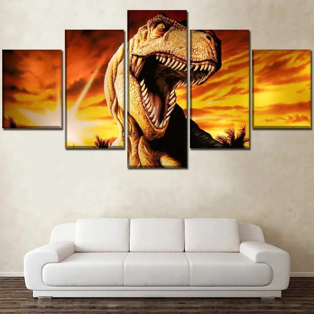 5 Panel Movie Jurassic World Poster Sunset Landscape And Dinosaurs Wall Art Painting Top-Rated Canvas Print Modern Home Decor | Дом и сад
