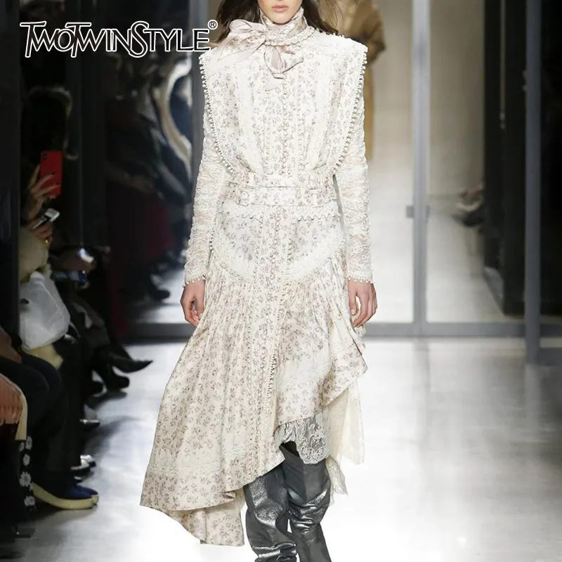 

TWOTWINSTYLE Hair Balls Lace Patchwork Dress For Women Stand Collar Long Sleeve Print Irregular Dresses Female 2019 Fashion