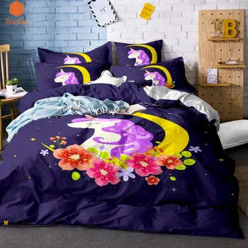 

3Pcs 3D Beding Set moon Unicorn Horse Duvet Cover Pillowcases Full & Queen Animal for Kids Adults Bedspreads Quilt Cover Sj128