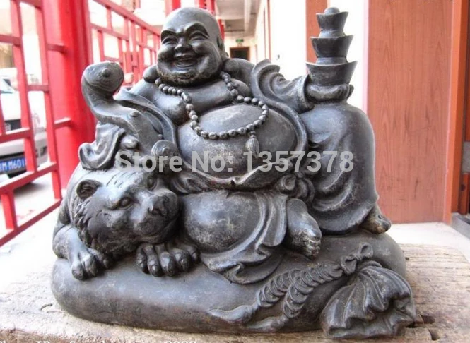 

shitou 00323 9"Chinese Classic Bronze Copper Lucky Money Maitreya Buddha on Tiger statue
