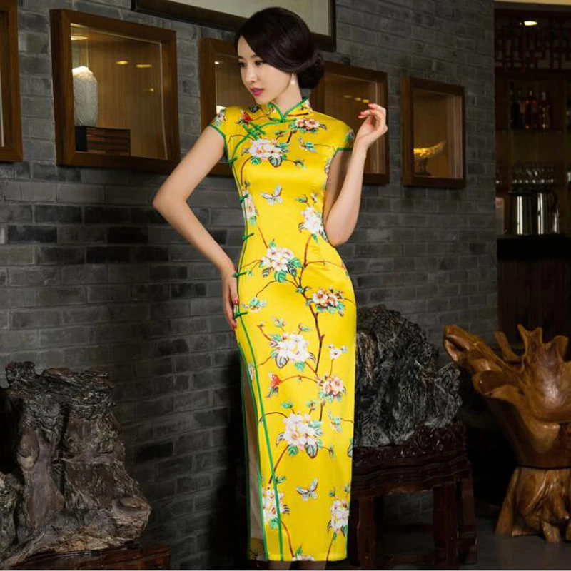 Chinese Women S Satin Cheongsam Long Qipao Velvet Silk Dress S M L Xl