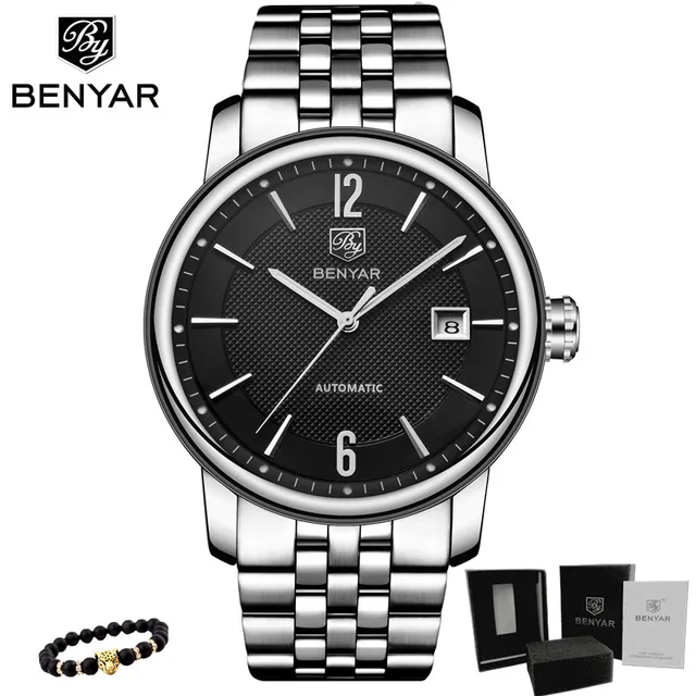 BENYAR 2020 New Fashion Top Luxury Brand Leather Watch Automatic Men Wristwatch Men Mechanical Steel Watches Relogio Masculino Steel-Black