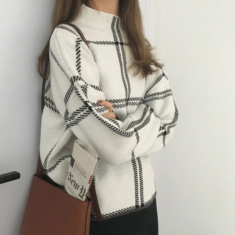 

Autumn new Korea ulzzang fashion plaid winter Turtleneck pullover thick casual sweater fun women ins Harajuku women Chic sweater