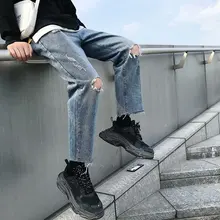 Корейские прямые джинсы ulzzang, пара, рваные, повседневные, женские, хип-хоп, большие размеры, свободные, Harajuku, винтажные, панк джинсы, штаны