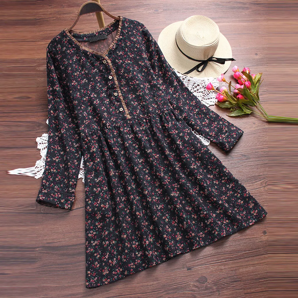 

Plus Size Summer Midi Dress 2019 Women Vintage Floral Print Long Sleeve Mini Dress Party Dresses Woman Party Elegant Dress