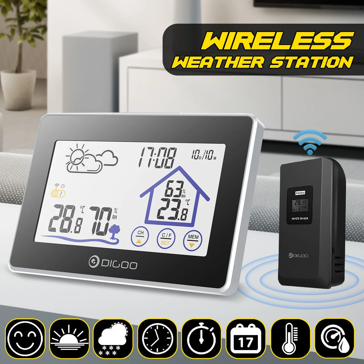 

Digoo DG-TH8380 Color Screen Weather Station Thermometer hygrometer meter Forecast Sensor Indoor Outdoor Sensor Alarm Clock